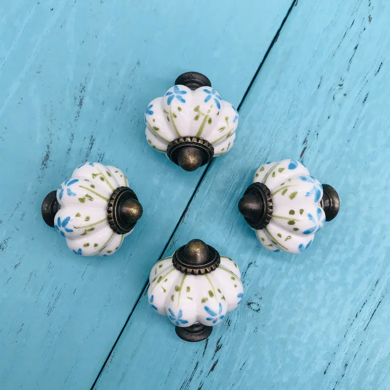 8pc White Ceramic Dresser Drawer Pull Knobs Blue Floral Painted Cabinet Door Pulls Modern Colorful Pull Furniture Decoration