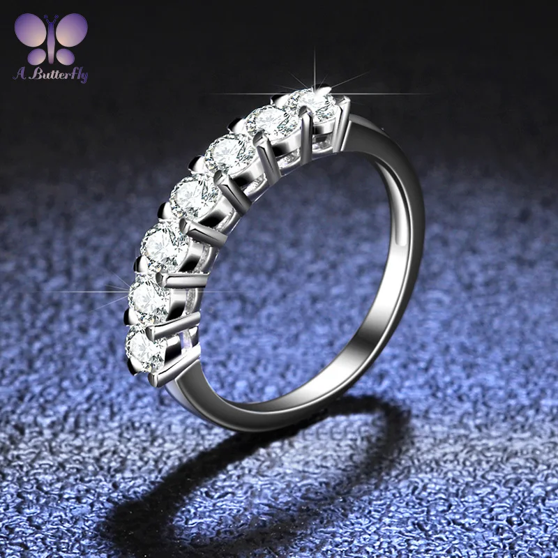 

100% 925 Sterling Silver Moissanite Ring Seven Gems Single Row Band Four Claw Classic Wedding Jewelry