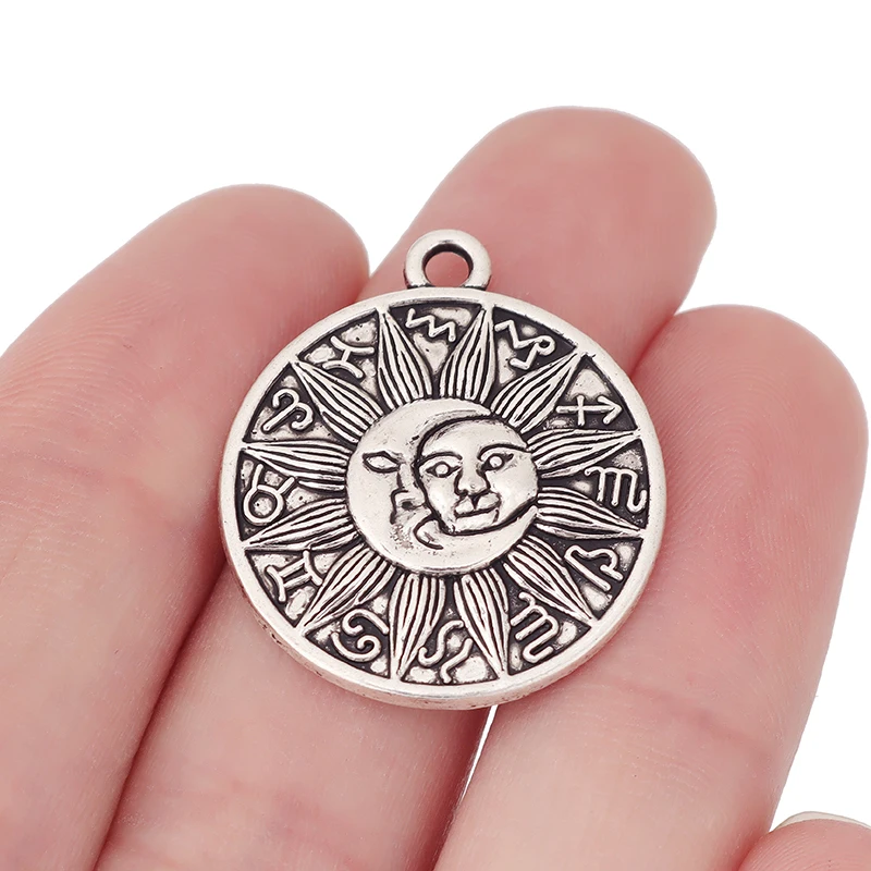 10 x Tibetan Silver Sun Moon Zodiac Sign Round Charms Pendants for DIY Necklace Jewelry Making Findings Accessories 25mm