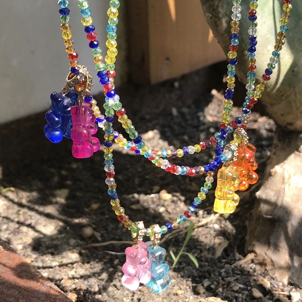 Boho Shiny Colorful Glass Beads Stone Beaded Necklace Resin Gummy Bear Zircon Pendant String Beads Choker Necklaces Women Jewely
