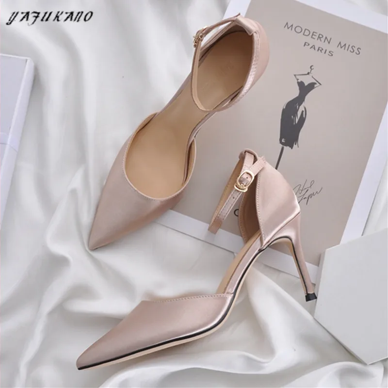 Silk Satin Mid Hollow High Heels Pointed Toe Sexy Single Shoes Thin Heels One-Word Buckle Women Shoes Champagne Lady Pumps 32 33