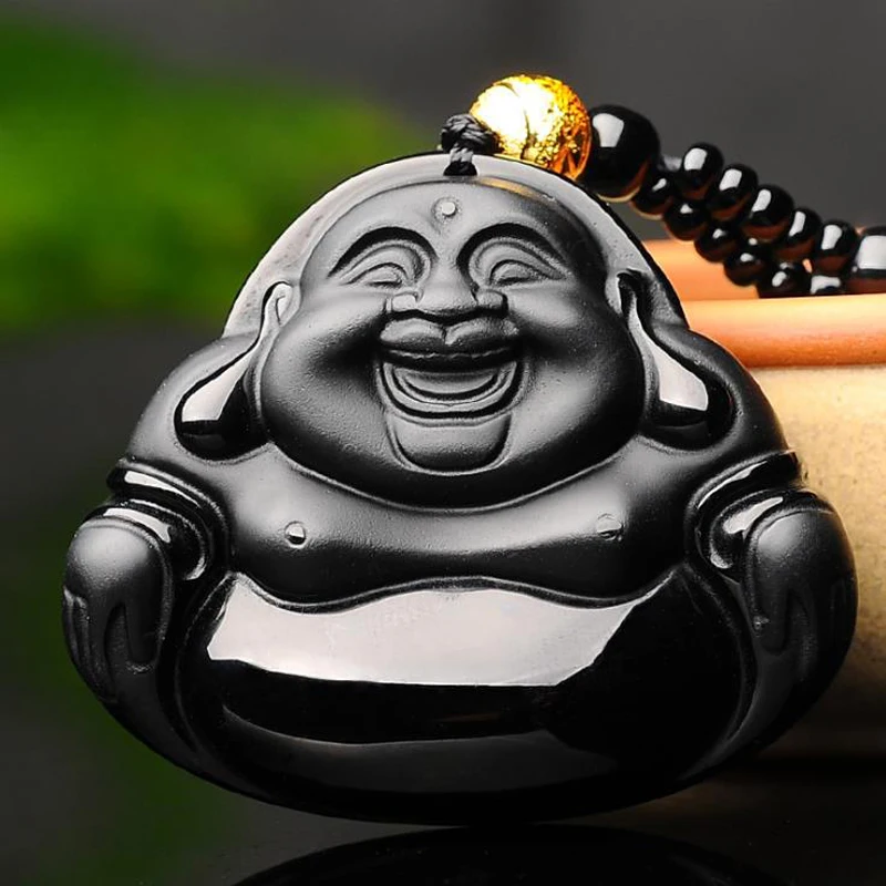 

Natural Obsidian Stone Carved Maitreya Buddha Pendant Necklace Jewelry Unisex Men Women Lucky Amulet Pendant Free Beads Chain