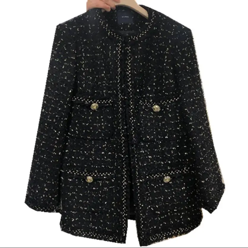 Vintage pequena fragrância tweed lã blazer mulheres outono inverno o-pescoço solto terno longo jaqueta