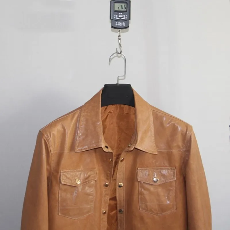 2020 Light Brown Men Casual Single Breasted Plus Size 5XL Genuine Thin Sheepskin Spring Slim fit Leather Shirt