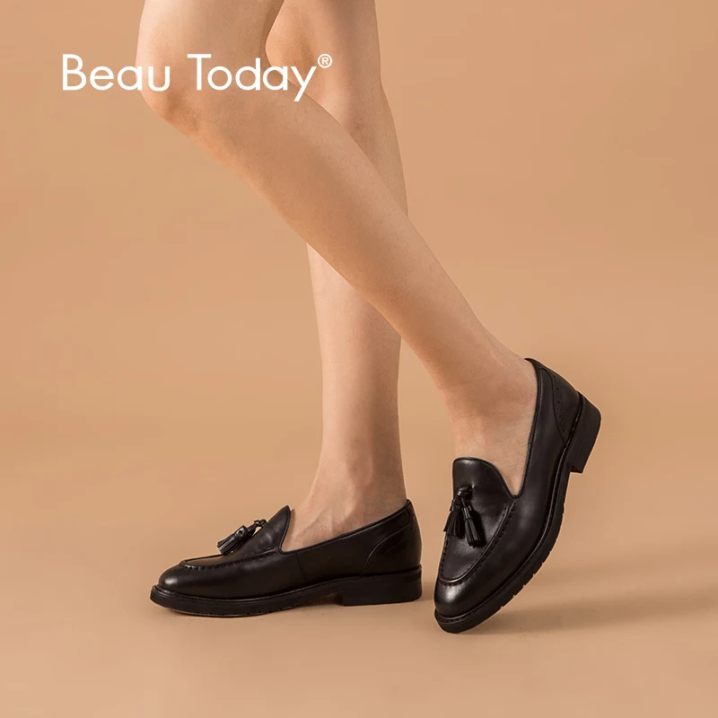 BeauToday Fringe Loafers Women Genuine Cow Leather Round Toe Slip-On Spring Autumn Ladies Casual Flats Handmade 27165