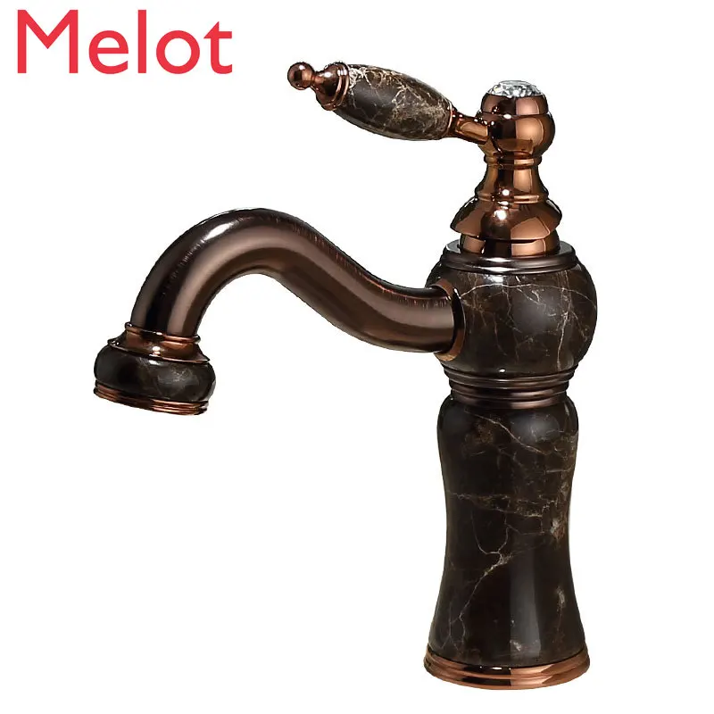 American-Style All-Copper Natural Jade Brown Bronze Rose Golden Wash Basin Antique Hot and Cold Water Faucet