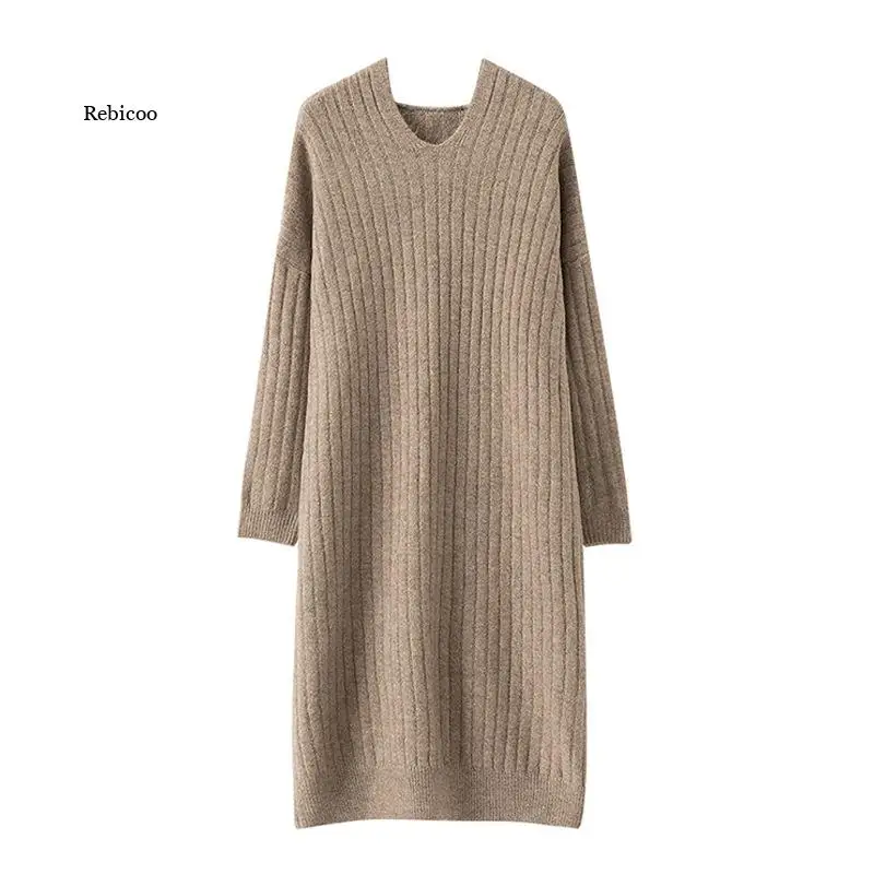 

Korean Knitted Dress Woman Hooded Full-Sleeve Long Dress Sweater Female Autumn Winter New Elegant Chic Knitwear