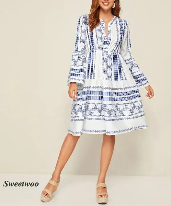 

Summer Womens Bohemian Blue Print Trumpet Sleeve Stand Up Collar Popular Patchwork Dress Ball Gown Flare Sleeve V-Neck