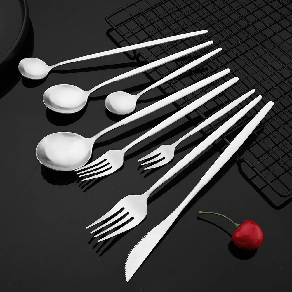 White Silver Matte Stainless Steel Dinnerware Set Dinner Knife Dessert Fork Ice Spoon Cake Fork Coffee Spoon Flaware Cutlery Set