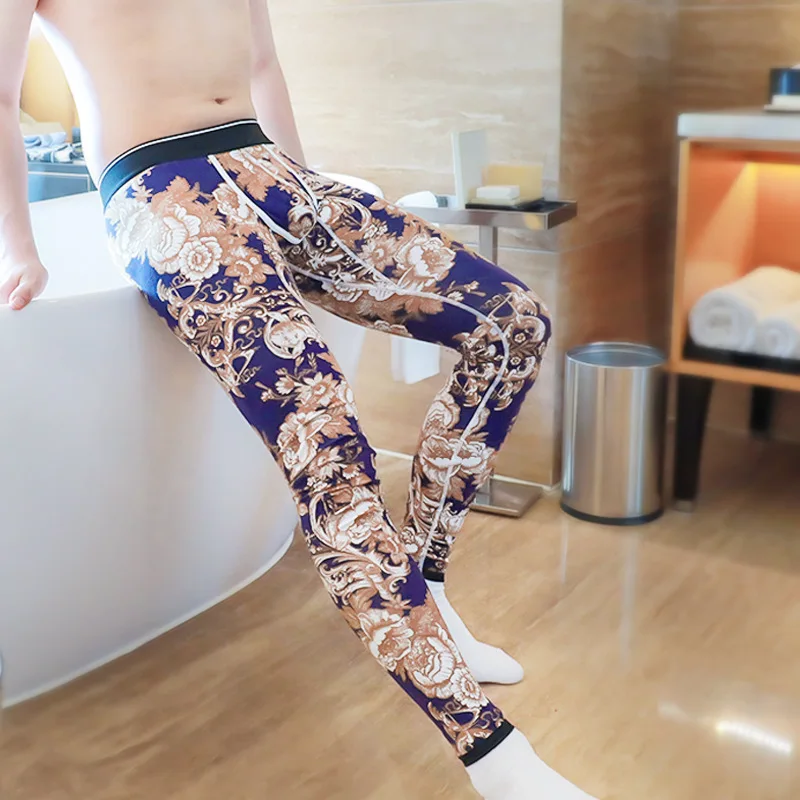 Men Sleep Bottoms Bugle Pouch Leggings Printed Pajamas Underwear Pants Sleepwear Long Johns Homewear Pantalon Trousers Plus Size