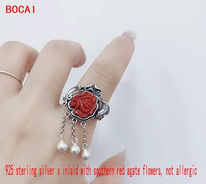 

Really 100% 925 sterling silver southern red agate flower female ring classical and elegant