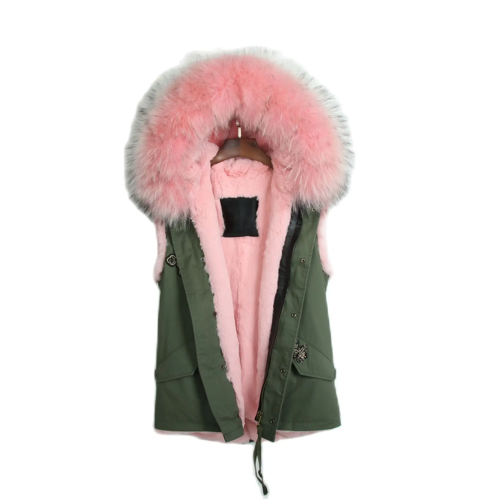 Ladies Beads Army Green Short Vest Light Pink Faux Fur Lined Waistcoat With Real Raccoon Fur Collar