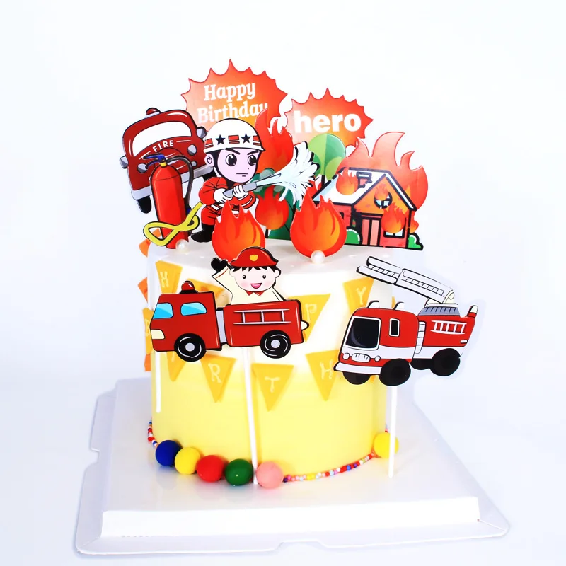 Cake Topper Firefighters Fireman Set Fire Ladder Truck DIY Cake Cupcake Toppers Kids Boys Men Birthday Party Dessert Decor Flags