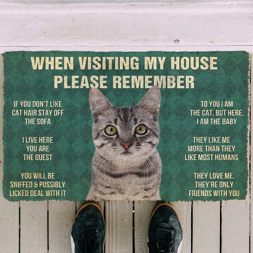 3D Please Remember Gray Tabby Cat House Rules Doormat Non Slip Door Floor Mats Decor Porch Doormat