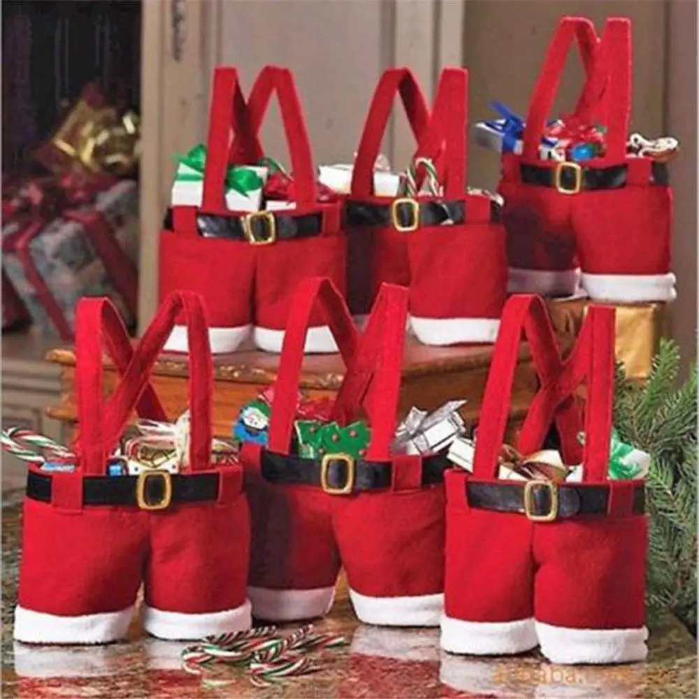 Cute 1Pcs Merry Christmas Gift Treat Candy Wine Bottle Holder Santa Claus Suspender Pants Trousers Decor Christmas Gift Bags