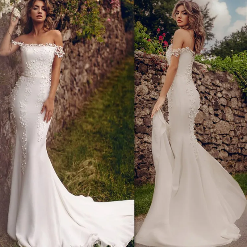 Robe de mariée sirène avec longue traîne pour la mariée, appliques en dentelle, satin de soie sexy, à lacets, 2024 de réduction