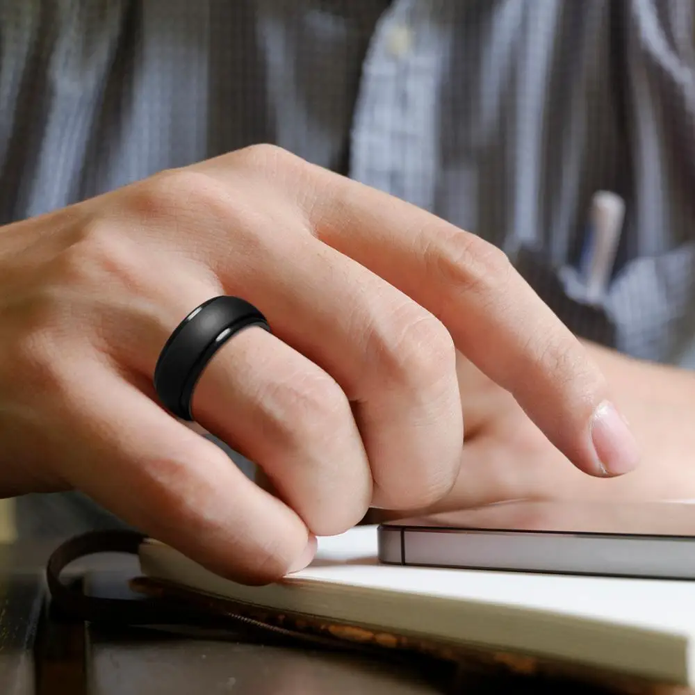 BONISKISS 9MM Silicone Rubber Wedding Bands for Men Women Rings Size 7 8 9 10 11 12 13 Black Color image 5