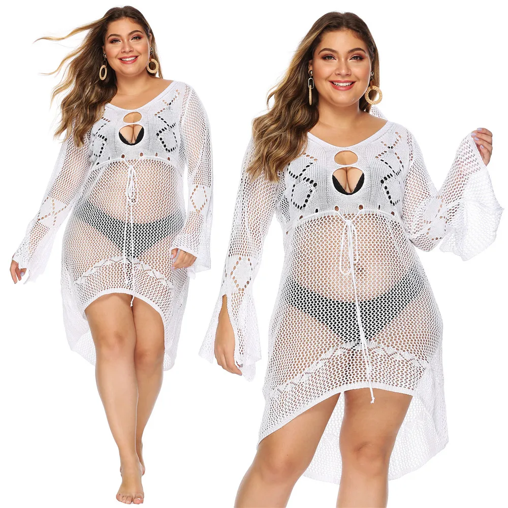 Women's Beach Dress Plus Size Bikini Cover Up Swimsuit Crochet Pool Outing Tunics Women White Poreo Beachwear Loose Dresses Ups