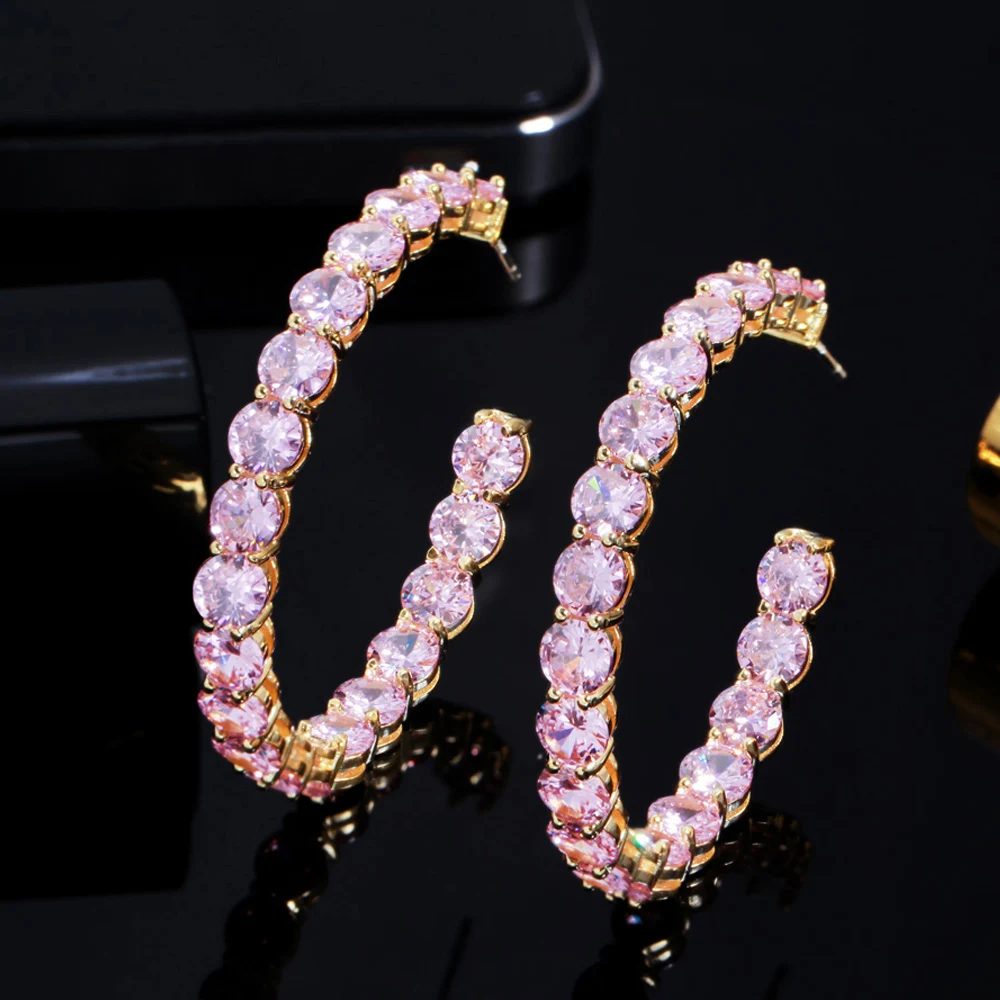 CWWZircons Bling Ice Out Round Cubic Zirconia Gold Color Pink Big Circle Hoop Earring for Women Luxury Designer CZ Jewelry CZ893