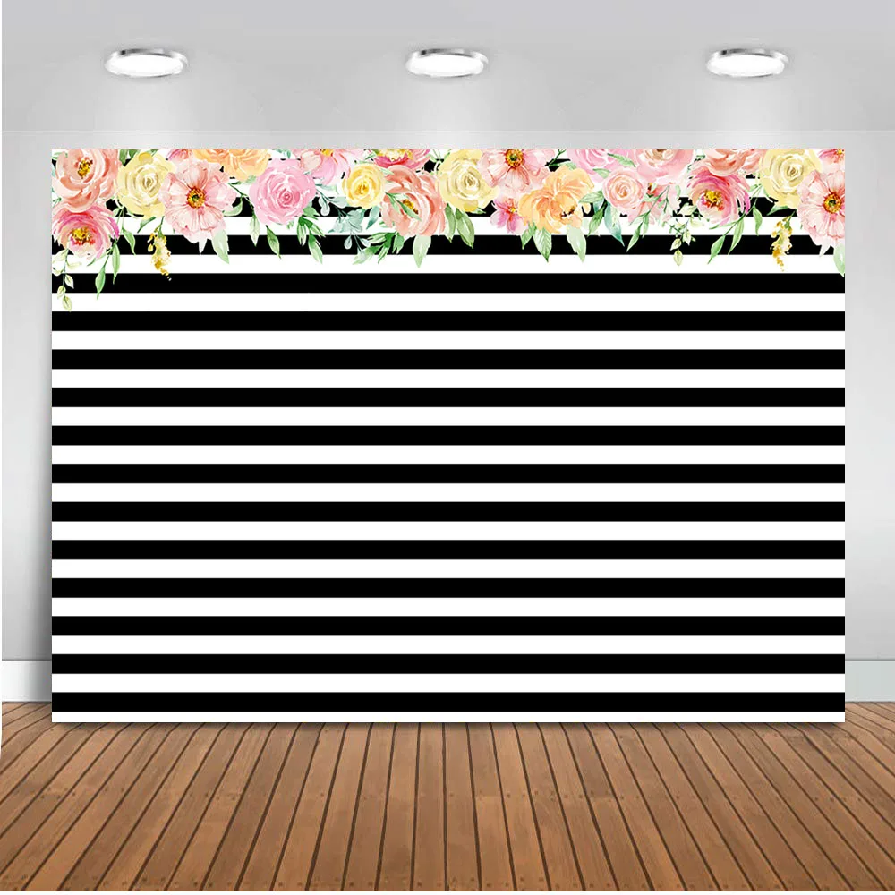 

Photography Backdrops Black and White Stripe Background Pink Rose Flower Birthday Party Wedding Photo Studio Booth 7X5FT