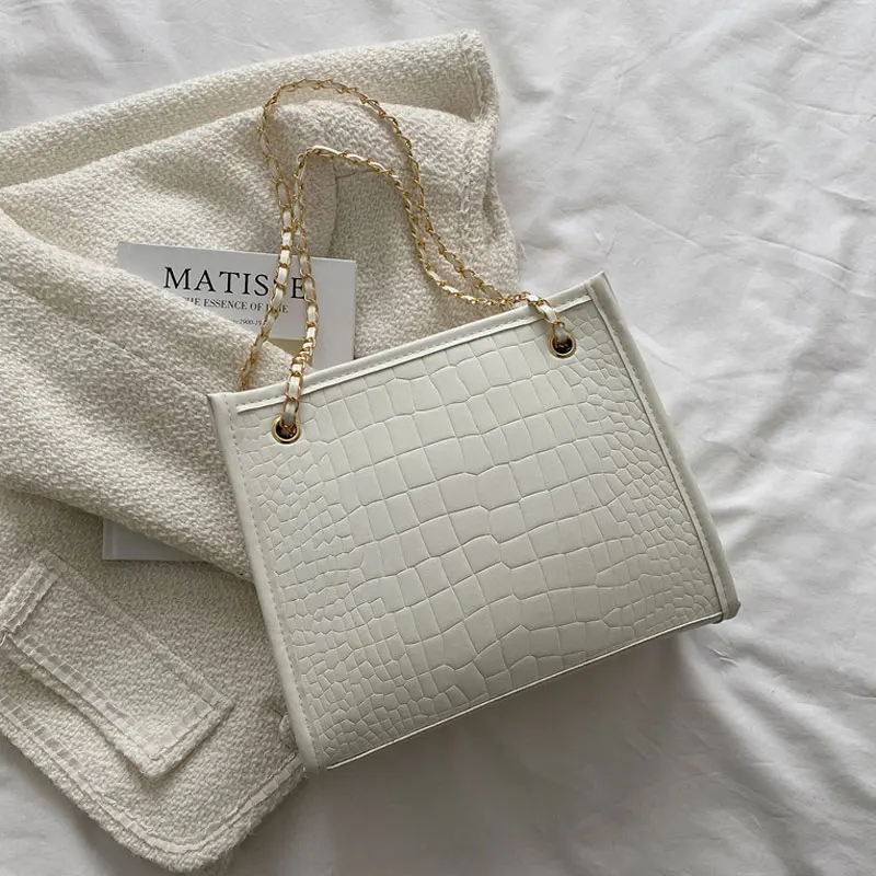 

New Fashion Trend Designer Female Tote Bag Stone Pattern Square Simple Handbags For Women Pu Leather Chain Lady Shoulder Bag