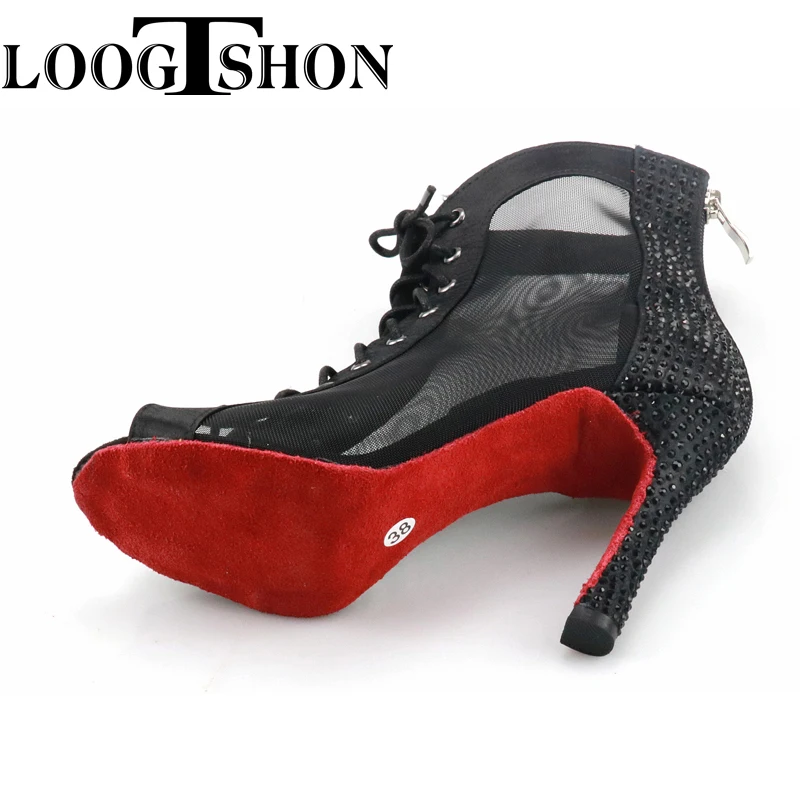 LoogtshonWomen Dance Boots For Ladies High Heel Flannel Ballroom Modern Dance Shoes Black Gilrs Soft Sole Bachata Salsa Dancing