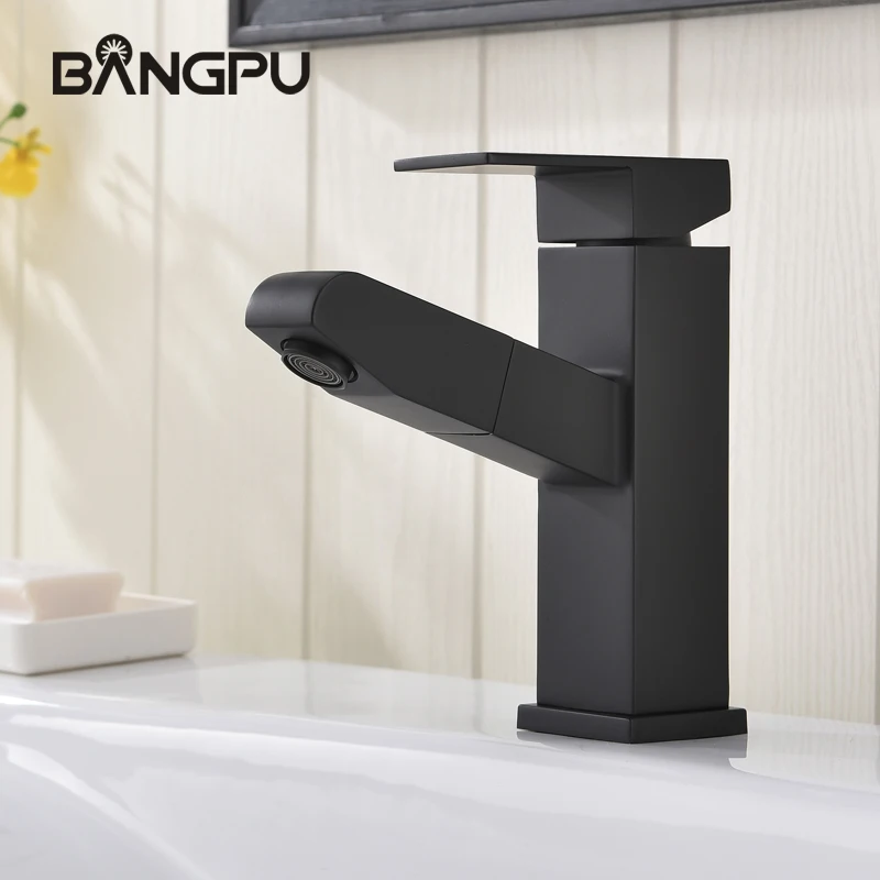 BANGPU Black Basin Sink Faucet Pull Out Faucet Single Hole Bathroom Faucet Desk Mounted