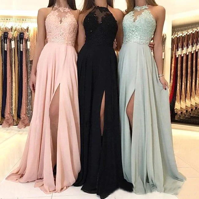 

Chiffon Halter Bridesmaid Dresses Long Lace Applique Split Prom Guest Dress Elegant Maid Of Honor Dresses Vestido De Festa