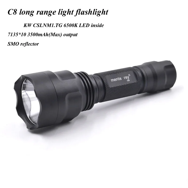 Black C8 long range hunting flashlight torch，With KW CSLNM1.TG 10W 6500K LED Emitter inside,10xAMC7135 3.5A driver