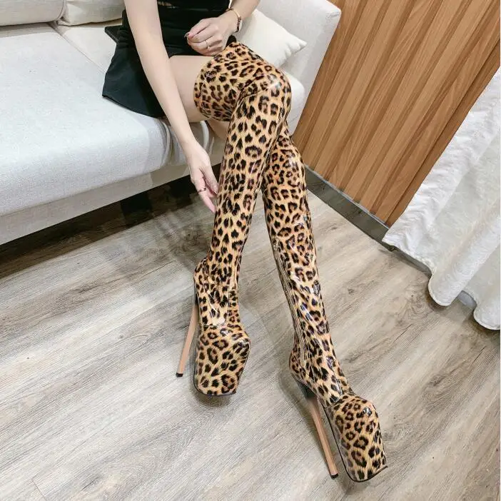 Corssdresser Leopard Print Motorcycle Botas Mujer Over-the-knee Long Boots Platform Shoes Woman 20cm Thin Heels Party 22cm Pumps