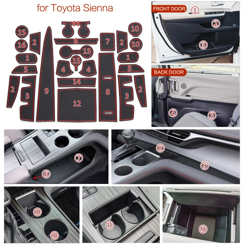 

For Toyota SIENNA 2021 2022 Lnterior Anti Slip Mat Door Slot Pad Cup Cushion Groove Mat Holders Non-slip mats Car Accessories