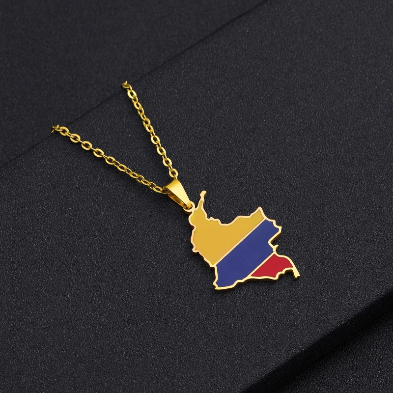 Enamel Stainless Steel Colombian Map Flag Pendant Necklaces Women Girls Silver Color/Gold Color Colombia Ethnic Birthday Jewelry