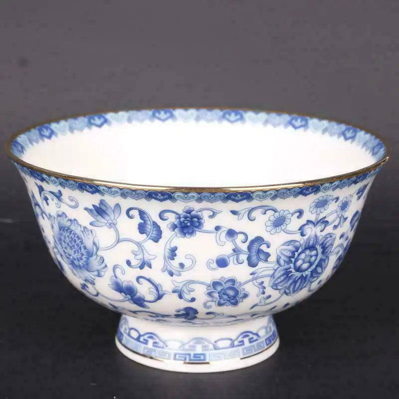 Chinese Blue and White Porcelain Phnom Penh Eight Treasures Auspicious Edged Lotus Design Bowl Crafts Ornaments