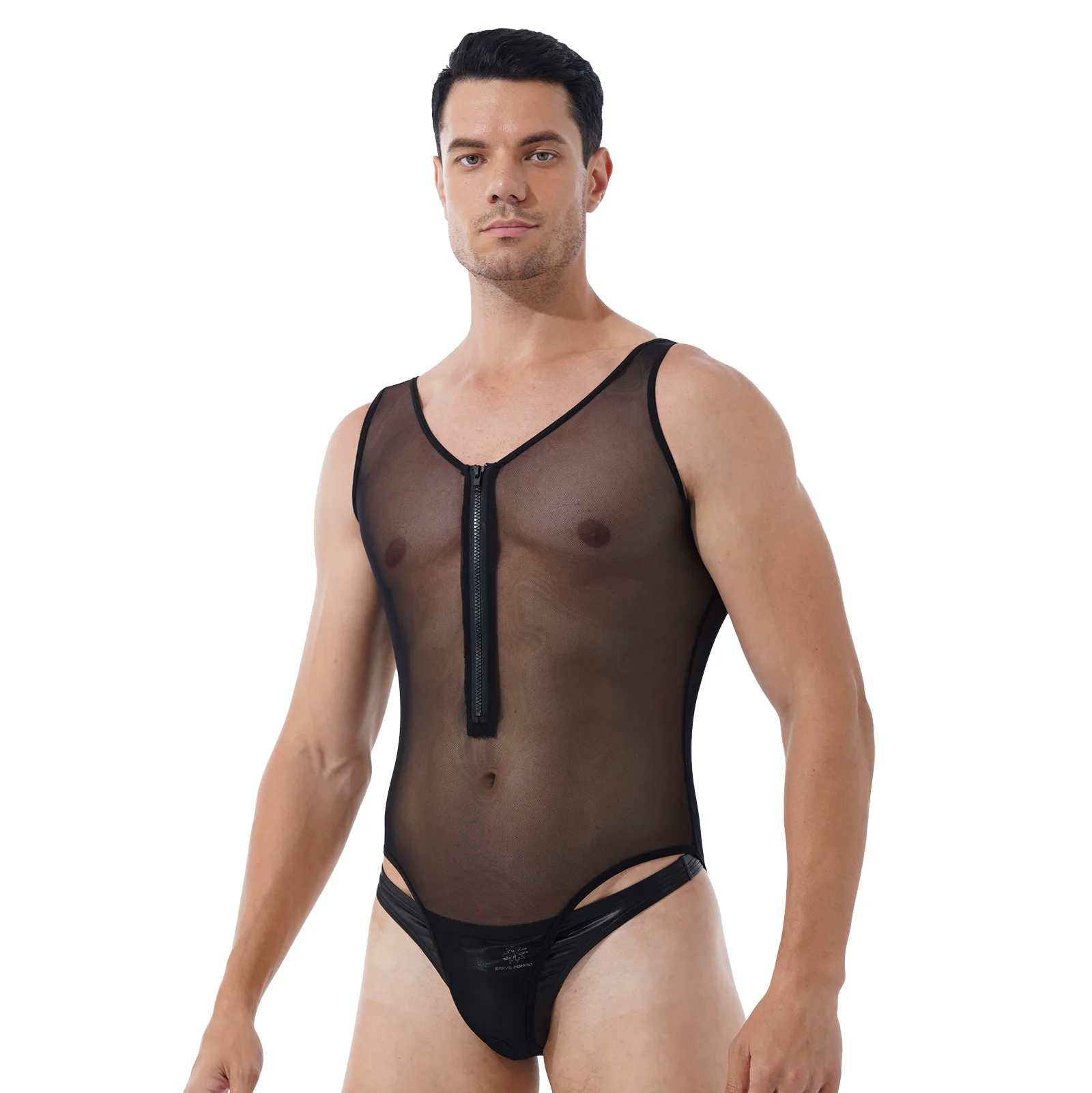 Plus Size Bodysuit Men One Piece Summer See Through Sheer Mesh Lingerie Deep U-neck Sleeveless Front Zippered High Cut Sleepwear