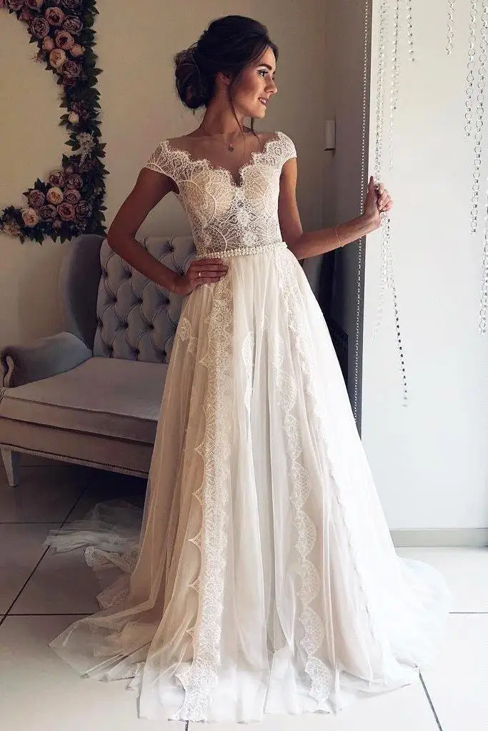 Robe de mariée style Boho, tenue de mariage élégante, avec mancherons, col en V, dos ouvert, jupe plissée, ligne A, 2020