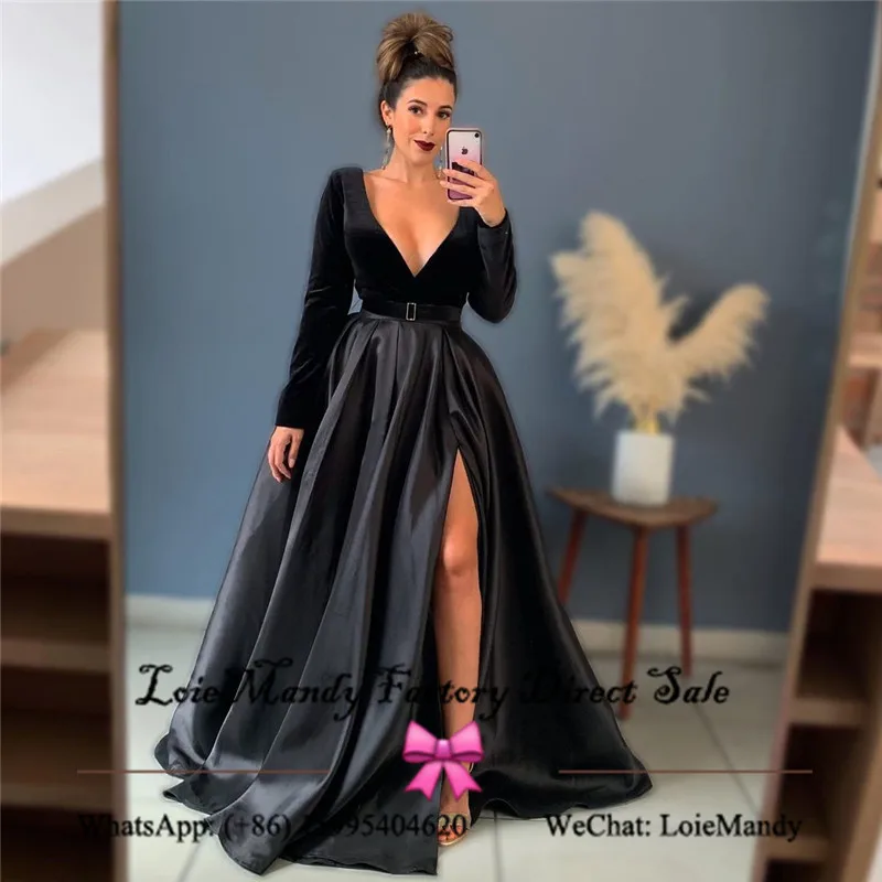 Deep V-neck Split Prom Dresses With Pocket 2022 Formal Long Sleeves Evening Party Gowns For Women Vestidos de noche