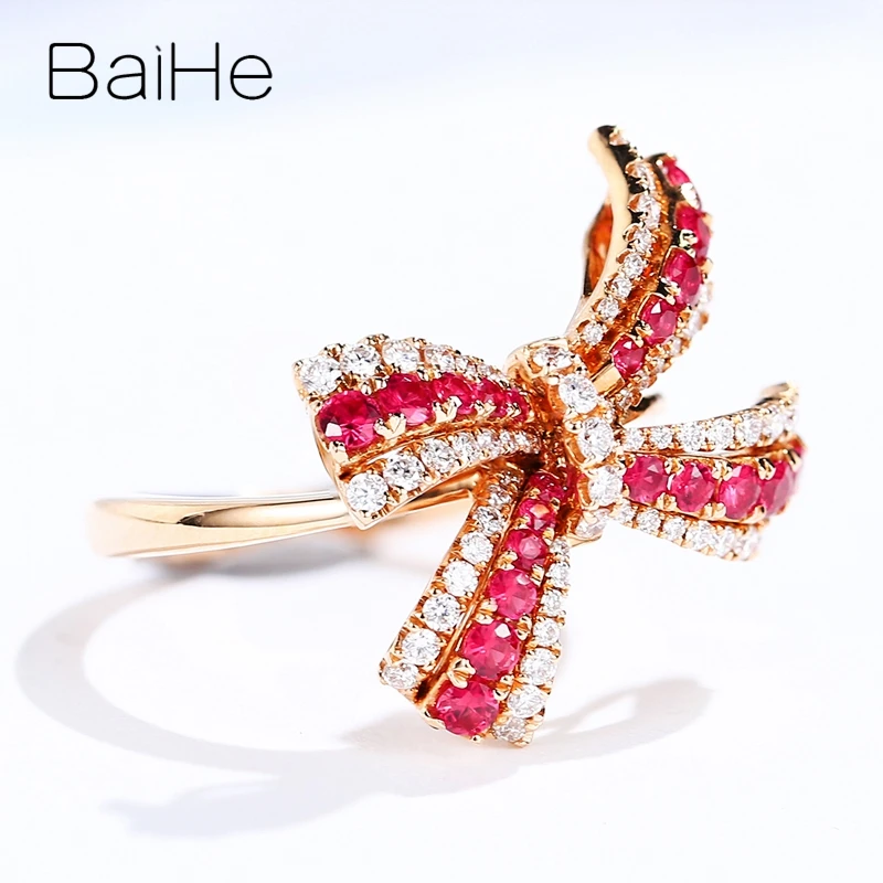 BAIHE Solid 14K Rose Gold Red Natural Ruby Diamond Bowknot Ring Women Trendy Party Fine Jewelry Anillo con lazo anneau d'arc