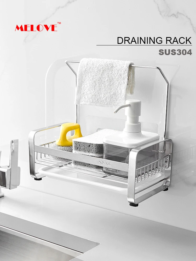 

Stainless Steel Draining Rack for Kitchen Sink, Caddy Cleaning Brush, Soap Organizer, Anti Slip Hanging Basket with Drain Tray