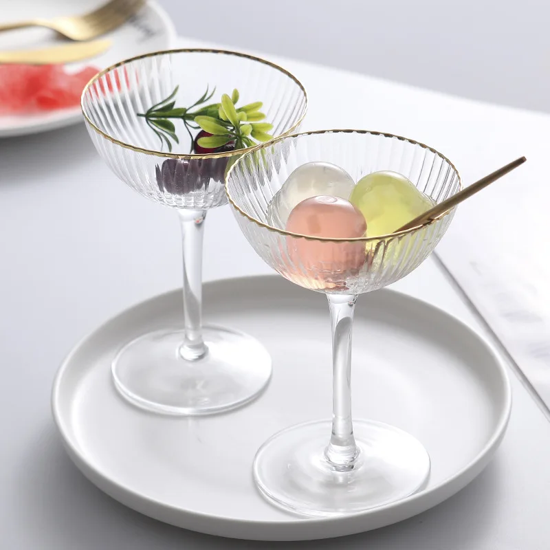 Crystal Ripple Champagne Glasses, Dessert Ice Cream Cup with Gold Rim, Luxury, 1 Piece, 155ml