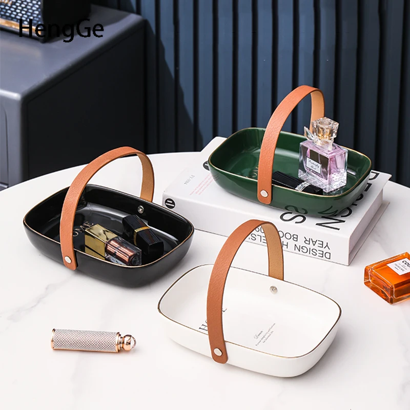 

Nordic Gold Stroke Ceramic Tray with Leather Handle Living Room Multifunction Key Remote Control Storage Trays Decorative Modern