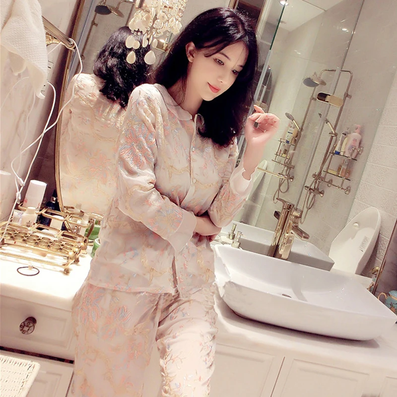 Spring Autumn Floral Embroidery Silk Women 3 Pieces Pajamas Sets Sexy Lingerie Female Sexy Underwear Homewear