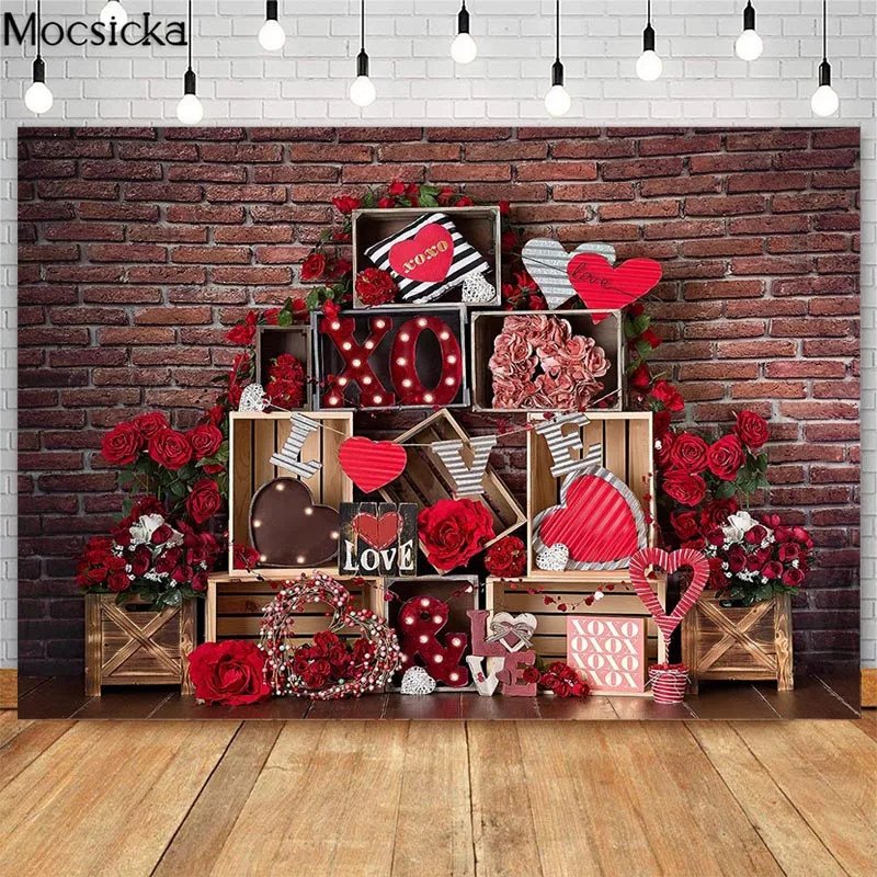 Mocsick Valentines Rot Ziegel Wand Fotografie Kulissen Rote Rose Blumen Liebe Decor Photo Booth Hintergrund Für Foto Studio