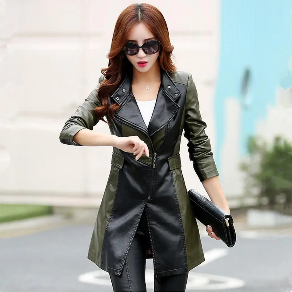 M-5XL Leather Coat Jacket Women Fashion Slim Patchwork Long Female Jacket High Quality PU Motorcycle Autumn Winter Outerwear