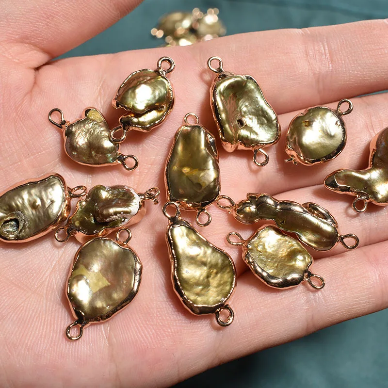 13-17MM Gilt Side Gold 100% Natural Edison Baroque Freshwater Pearl Heterosexual Charms Jewelry Pendants