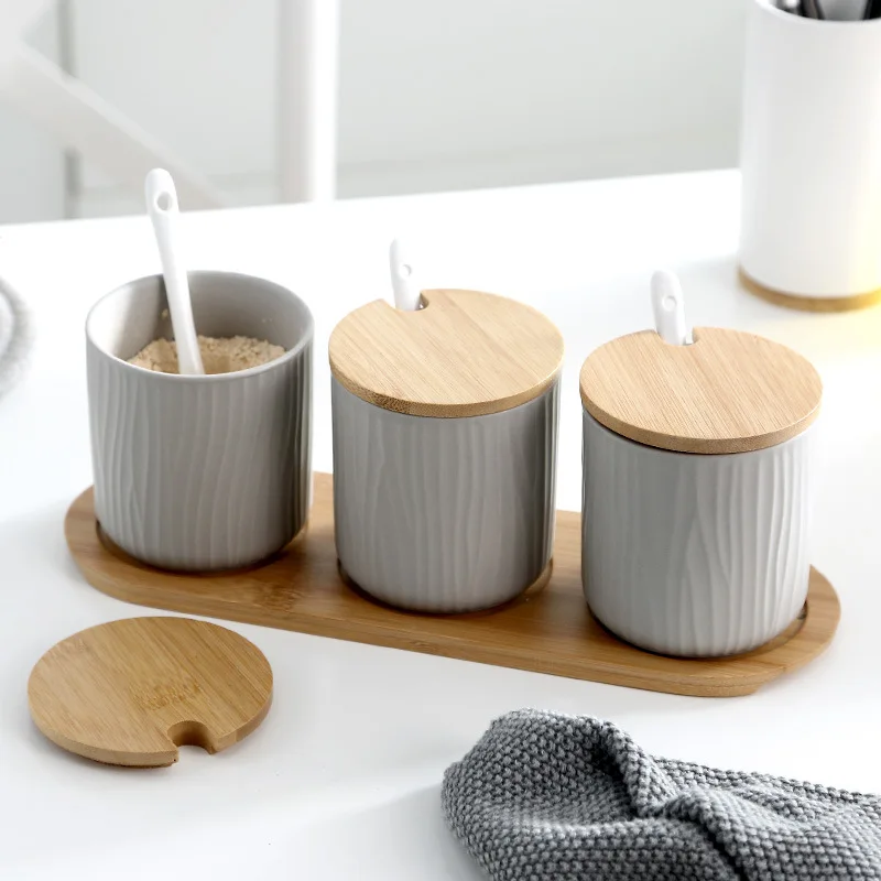 New Nordic Ceramic Spices Jars Set Wood Lid Kitchen Storage Bottle Sugar Tea Coffee Organizer Jar With Wood Tray Honey Salt Bin