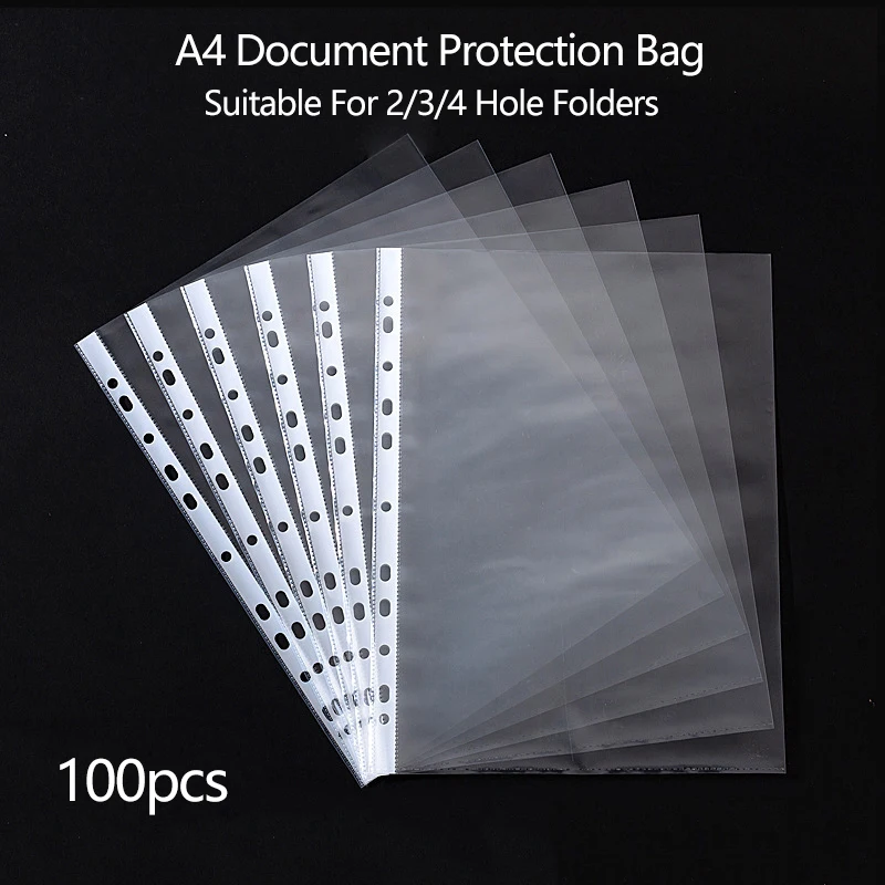 100pcs A4 Round Hole Folder Bag Storage Folder 11 Hole Filing Folder Loose Leaf Document Sheet Protectors Folder Bag Inner Page