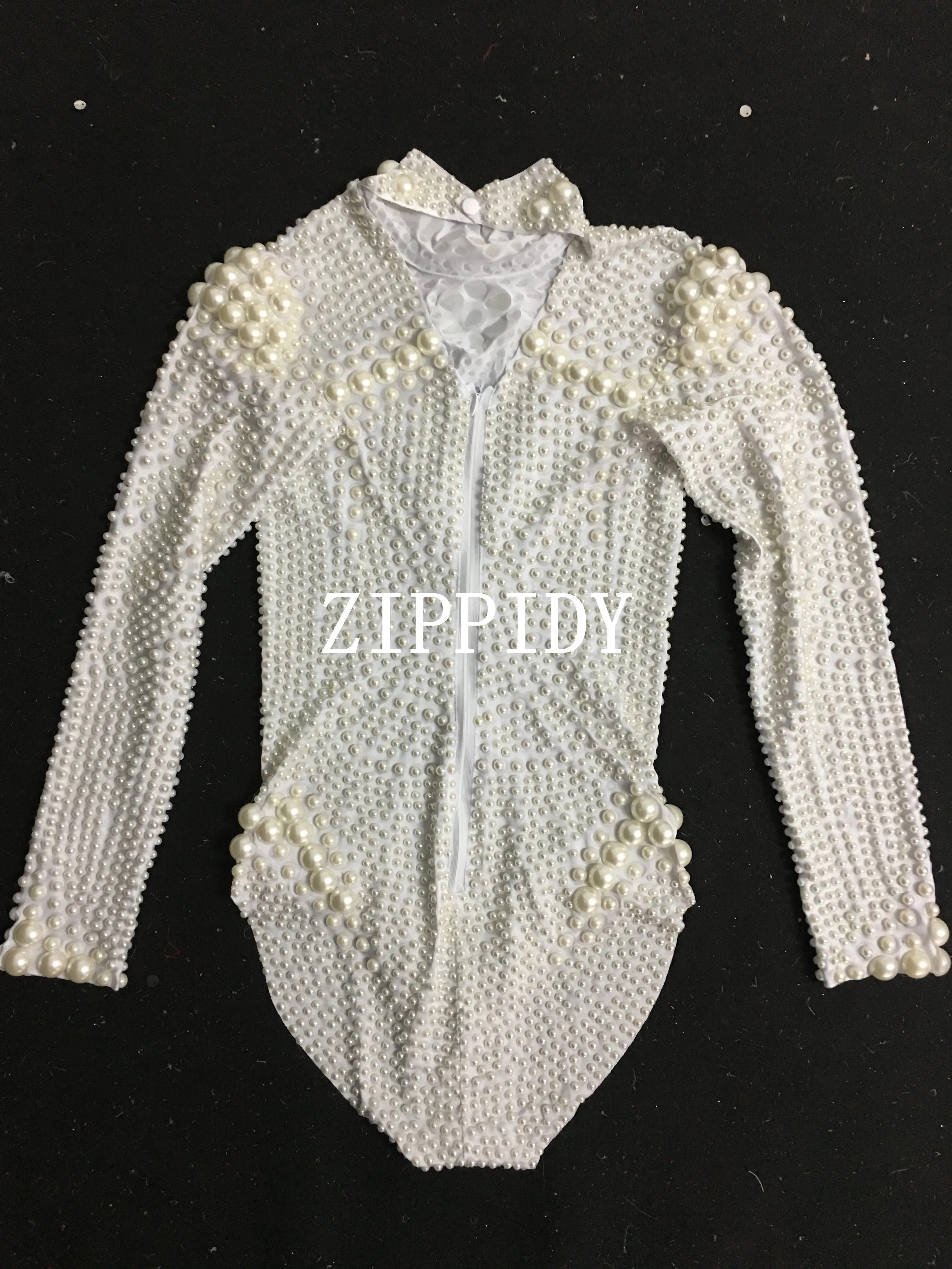 Design White Pearls Stretch Leotard Women\'s Dance Bodysuit Prom Celebrate Outfit Bar Nightclub Women Dancer Outfit
