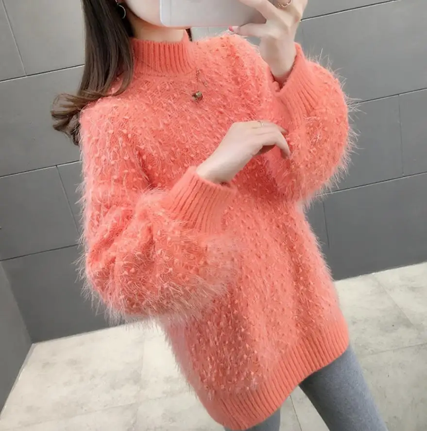 White Mohair Fur Knitted Sweater Women Pullovers 2024 New Winter Fashion Shiny Soft Warm Jumper Female Loose Sweater Casual Tops