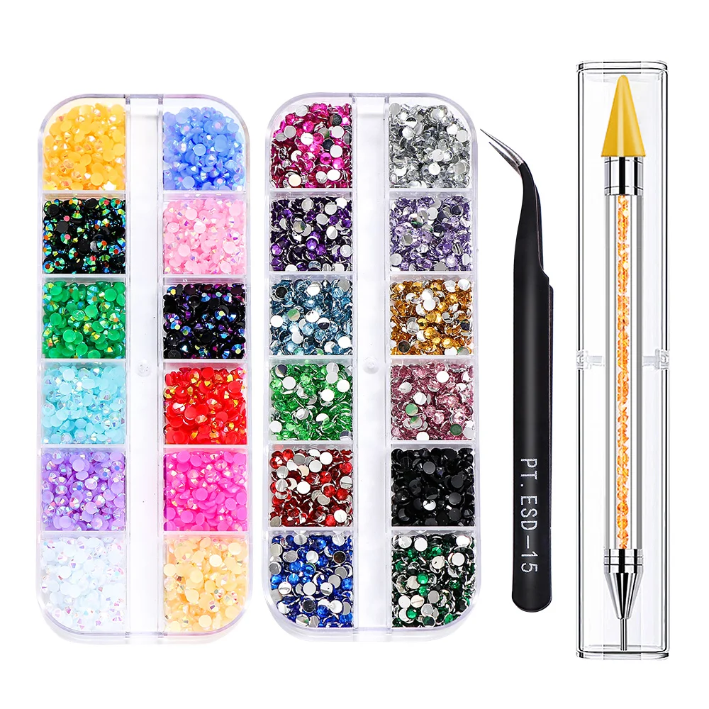 AB Jelly Nail Art Set 2-4mm Rhinestone Decoration Round Flatback DIY Nails Accessories Tweezer Dotting Pen Manicure Tools