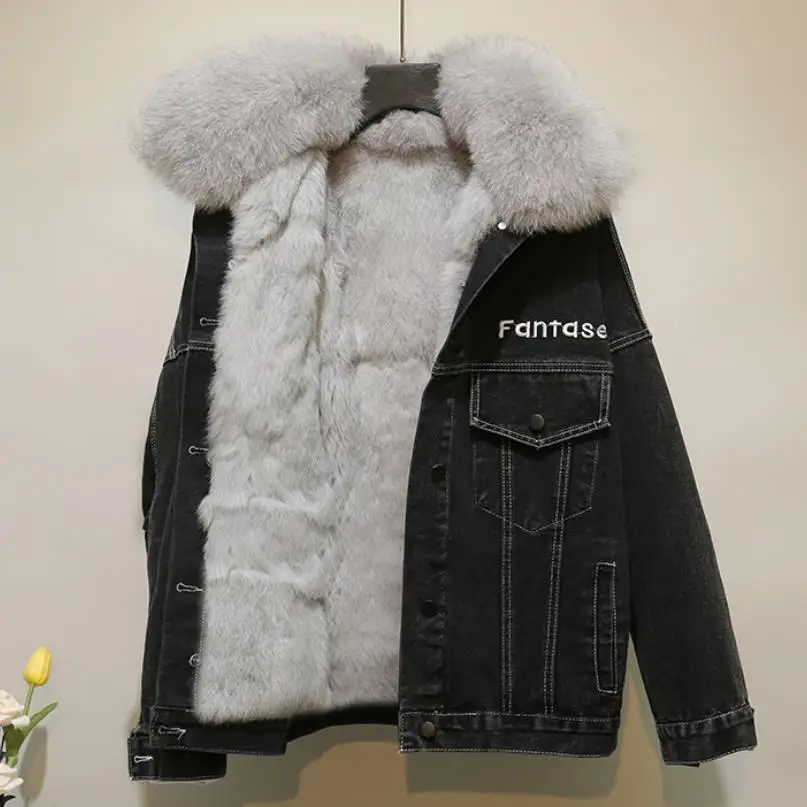 Imagem -06 - Inverno Real Gola de Pele de Raposa Denim Jaqueta Feminina Coreano Solto bf Estilo Grosso Cabolsa de Pele Quente Algodão Bordado Parka 2023